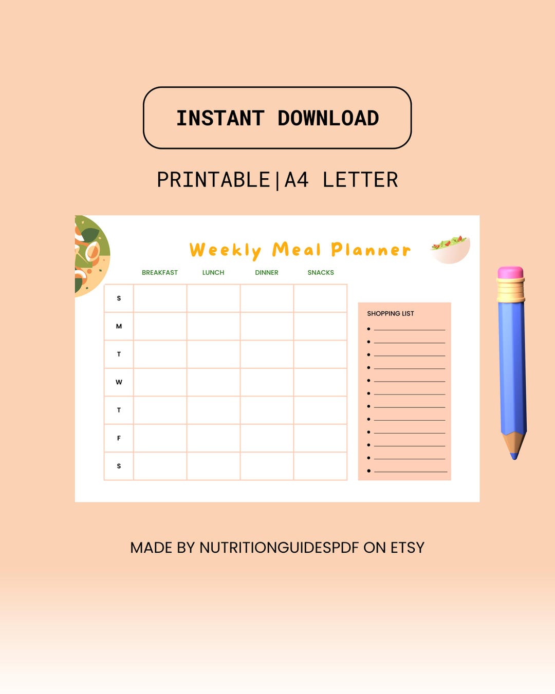 Weekly Meal Planner Printable Digital Download PDF - Etsy