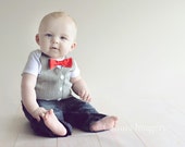 Sara Sweet and Small Gray Pin Striped Tuxedo Bodysuit Vest with Custom Bow Tie (You pick the color)