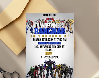 Invitación de fiesta de Transformers One, invitación de cumpleaños imprimible de Rescue Bots, invitación de Optimus Prime, invitación de fiesta de Autobots, invitación de Bumblebee