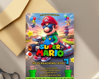 Birthday Invite boy girl, super mario bros movie invitation, Instant Download, video game Birthday Invite template, mario kart