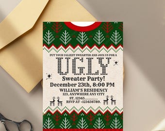 May include: A festive invitation for an "Ugly Sweater Party" with a red, green, and white sweater design. The invitation includes the party details: date, time, and location. An envelope and scissors are in the background.