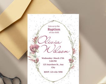 Invitación de bautizo con flores rosas, invitación de bautizo con flores silvestres, plantilla de invitación de bautizo con flores de primavera, invitación de bautizo imprimible con rubor