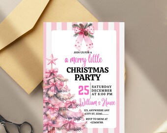 May include: A pink and white Christmas party invitation with a Christmas tree illustration and the text "a merry little CHRISTMAS PARTY". The invitation includes the date, time, and location.