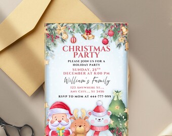 May include: A Christmas party invitation with a festive design. The invitation features the text "Christmas Party" and details for a holiday gathering. Santa Claus, a reindeer, and a polar bear are at the bottom. The invitation is surrounded by Christmas decorations.