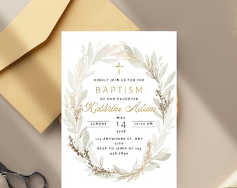 Neutral Ivory and Gold Wildflower Baptism Invitation Template for Editable Boy Girl Christening Invite Digital Download