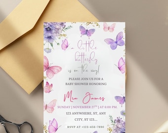 Butterfly Baby Shower Invitation, Pink Purple Butterfly Invitation Template, Editable Butterfly Baby Shower Invite Girl, Flowers, Canva