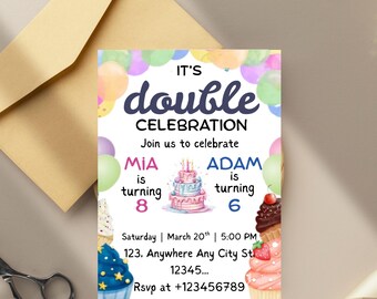 Join Party Birthday Invitation, Sibling Birthday Party, Double Birthday Invitation, Join Birthday Party invite Editable Canva Template