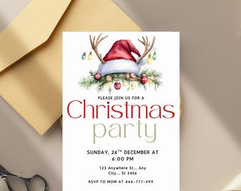 May include: A Christmas party invitation with a festive design. The invitation features a Santa hat with antlers, ornaments, and the text "Christmas party". An envelope and scissors are in the background.