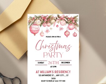 A Merry Little Girls Night Invitation, Christmas Invite, Friendsmas, Pink Ornaments, Winter Holiday Friends Pajama Party EDITABLE