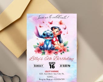 Stitch Birthday Invitation, Printable Lilo and Stitch Invitation, Kids Stitch Angel Birthday Invite, Aloha Stitch Birthday, Canva Template