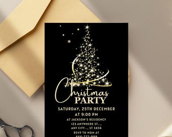 May include: A black Christmas party invitation with gold text and a stylized Christmas tree design. The invitation includes the party details: date, time, location, and RSVP information. An envelope is in the background.