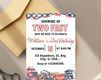 Invitation imprimable voitures, invitation Lightning Mcqueen, invitation de fête d'anniversaire, modèle d'invitation 2 courses furieuses rapides 2, 2e anniversaire garçon
