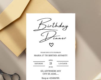 Birthday Dinner Invitation, Editable Birthday Dinner Digital Invite, Dinner Invitation Template, Minimal Birthday Invite, Any Age Invite