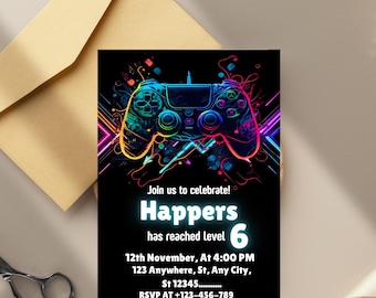 Editable Video Game Birthday Invitation, Printable Neon Glow Boy Gamer Party Invite, Level 10 Game On Invite, Instant Download Template