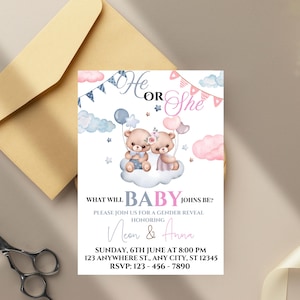 Editable Gender Revel Bear Baby Shower Invitation, Girl Boy We Can Bearly Wait Baby Shower Invite, Pink Blue Boho Bear Shower Invite