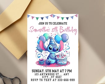 Editable Stitch Invitation, Custom Printable Stitch Party Invite Template, Stitch Birthday Invite, Digital Stitch Birthday Girl Canva Edit