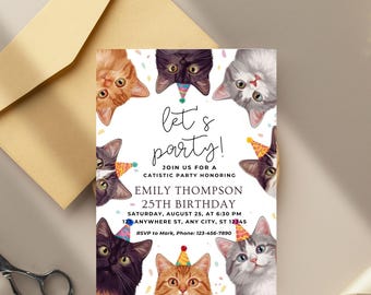 May include: A white invitation card with the text "let's party!" and cat faces wearing party hats. The invitation is for Emily Thompson's 25th birthday, with the date, time, and location details. An envelope and scissors are in the background.