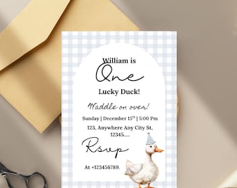 One Lucky Duck Birthday Invitation Template Editable Lucky Duck Invite First Birthday Duck Theme Lucky Duck Birthday 1st Birthday Invite