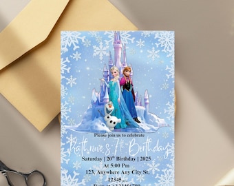 Frozen Theme Birthday Invitation, Girls Birthday Third Invite, Frozen Elsa 3rd Birthday Is turning three Editable Template Digital Download