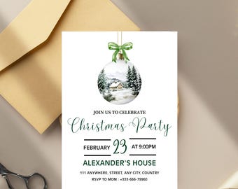 May include: A white Christmas party invitation with a watercolor ornament design. The ornament features a winter landscape with a house and trees. The invitation text includes the date, time, and location of the party.
