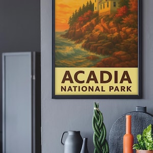 Acadia National Park Poster 12x18 or 24x36 WPA Style Vintage Wall Art | Bass Harbor Lighthouse Print by Trailhead Sundries