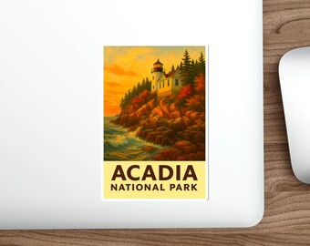 Pegatina de vinilo impermeable del Parque Nacional Acadia / Arte del faro de Bass Harbor Head / Serie de Parques Nacionales de Trailhead Sundries