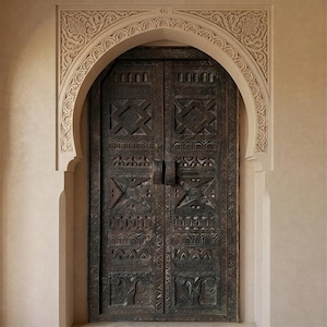 Handmade Moroccan Carved Wood Double Door, Dark Berber Moorish Entry Door, Rustic Patina, Custom Size Made to Order