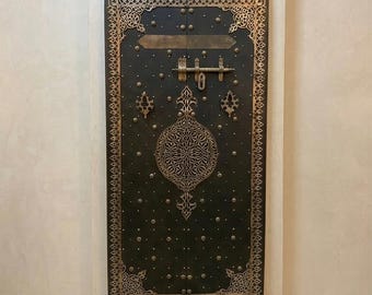 Handmade Moroccan Carved Wood Double Door with Ornate Brass Filigree, Vintage Berber Statement Entry, Custom Size, Made to Order