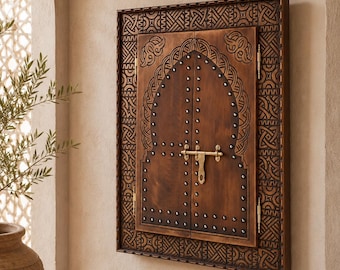 Cornice per specchio in cedro intagliata a mano, decorazione murale in stile porta marocchina, decorazione rustica per finestre in legno