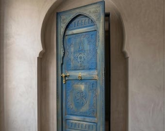 Handmade Moroccan Carved Wood Door, Arched Blue Berber Single Wooden Door, Vintage Majorelle Entry, Custom Size, Made to Order