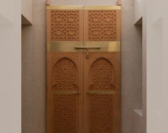 Puerta marroquí de madera tallada a mano, puerta de entrada rústica bereber de un solo panel con detalle de celosía, tamaño personalizado, hecha a medida.