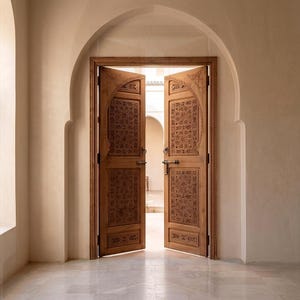 Handmade Moroccan Carved Wood Door, Arched Double Panel Berber Entry Door, Luxury Custom Wood Door, Made to Order