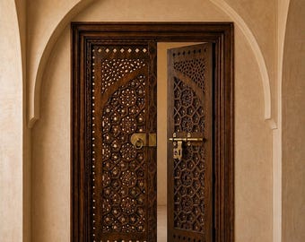 Handmade Moroccan Carved Wood Door, Double Panel Lattice Mandir Temple Door, Brass Latch Ring Handles, Custom Size Made to Order