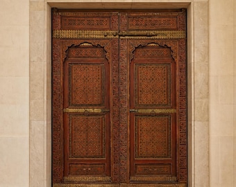 Handmade Moroccan Carved Wood Double Door, Antique Moorish Entry Door with Brass Ring Handles, Custom Size Made to Order
