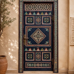 May include: A dark blue wooden door featuring intricate geometric patterns in shades of red, green, white, and gold. The door includes a rectangular lattice panel at the top, a central diamond-shaped motif, and a brass handle on the left side.