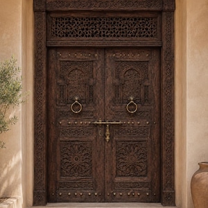 May include: A dark brown wooden double door featuring intricate geometric carvings, arched panels, and a horizontal metal latch. The door is framed by a decorative border and topped with a lattice transom, accented by two circular brass door knockers.