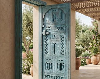Handmade Moroccan Carved Wood Door, Blue Berber Arched Panel, Rustic Wall Decor or Entry Door, Custom Size, Made to Order