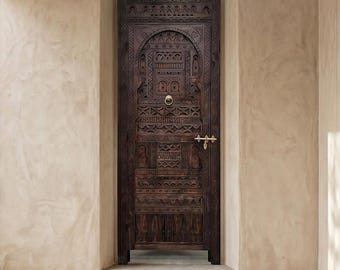 Handmade Moroccan Carved Wooden Door, Dark Berber Arched Entry Door with Brass Latch, Custom Size, Made to Order