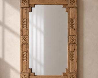 Hand-Carved Moroccan Cedar Wood Mirror Frame, Geometric Design, Natural Brown Finish