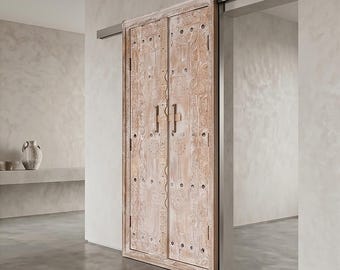 Puerta marroquí de madera tallada a mano, moderna puerta de entrada interior de un solo panel, diseño escultural en madera maciza, tamaño personalizado, hecha a medida.