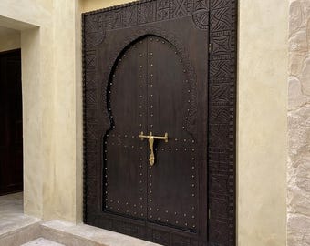 Handmade Moroccan Carved Wood Door, Arched Double Panel Berber Entry Door, Black Wooden Door, Custom Size, Made to Order