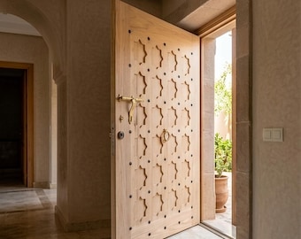 Handmade Moroccan Carved Wooden Door, Light Natural Berber Geometric Entry Door with Brass Hardware, Custom Size, Made to Order