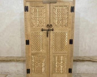 Handmade Moroccan Carved Wooden Door, Double Panel Berber Interior Door with Geometric Relief, Custom Size, Made to Order