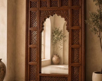 Handcarved Moroccan Cedar Mirror Frame, Jali Work Jharokha Style Decor