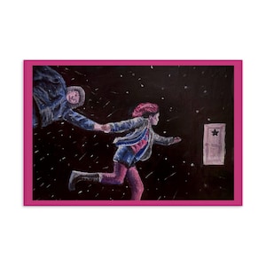 May include: An acrylic painting on canvas depicts two figures in a dark, starry space. One figure appears to be falling, while the other runs towards a glowing door with a star. The artwork is framed in a pink border.