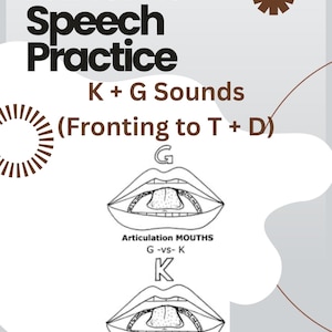 Puede incluir: Un póster educativo gris con el texto "At Home Speech Practice" y "K + G Sounds (Fronting to T + D)". El póster incluye ilustraciones de bocas y las letras G y K, diseñado para terapia del habla.