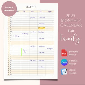 Calendario mensual 2025 para refrigerador / Planificador familiar para 5 miembros / PDF imprimible y editable / Libro de contabilidad tamaño carta (A4, A3, EE. UU.) / Cuaderno GoodNotes