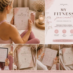 Op de afbeelding: Een roze en wit fitnessdagboek met de tekst "MY FITNESS journal". Het dagboek is spiraalgebonden en voorzien van bloemenillustraties. De afbeelding bevat ook een tablet met een pagina voor het volgen van fitness en de tekst "progress, not perfection."