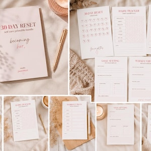 Può includere: Un pacchetto stampabile per la cura di sé rosa con il titolo "30 DAY RESET" e il testo "becoming her." L'immagine include pagine stampabili per il monitoraggio delle abitudini, i piani di allenamento e la definizione degli obiettivi. Sono presenti anche una penna dorata e fiori secchi.