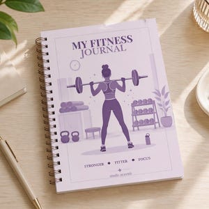 Op de afbeelding: Een spiraalgebonden fitnessdagboek met een lavendelkleurige kaft met de tekst "MY FITNESS JOURNAL". De illustratie op de kaft toont een vrouw die gewichten heft, met de woorden "STRONGER", "FITTER" en "FOCUS" eronder. Een pen en andere items liggen op tafel.